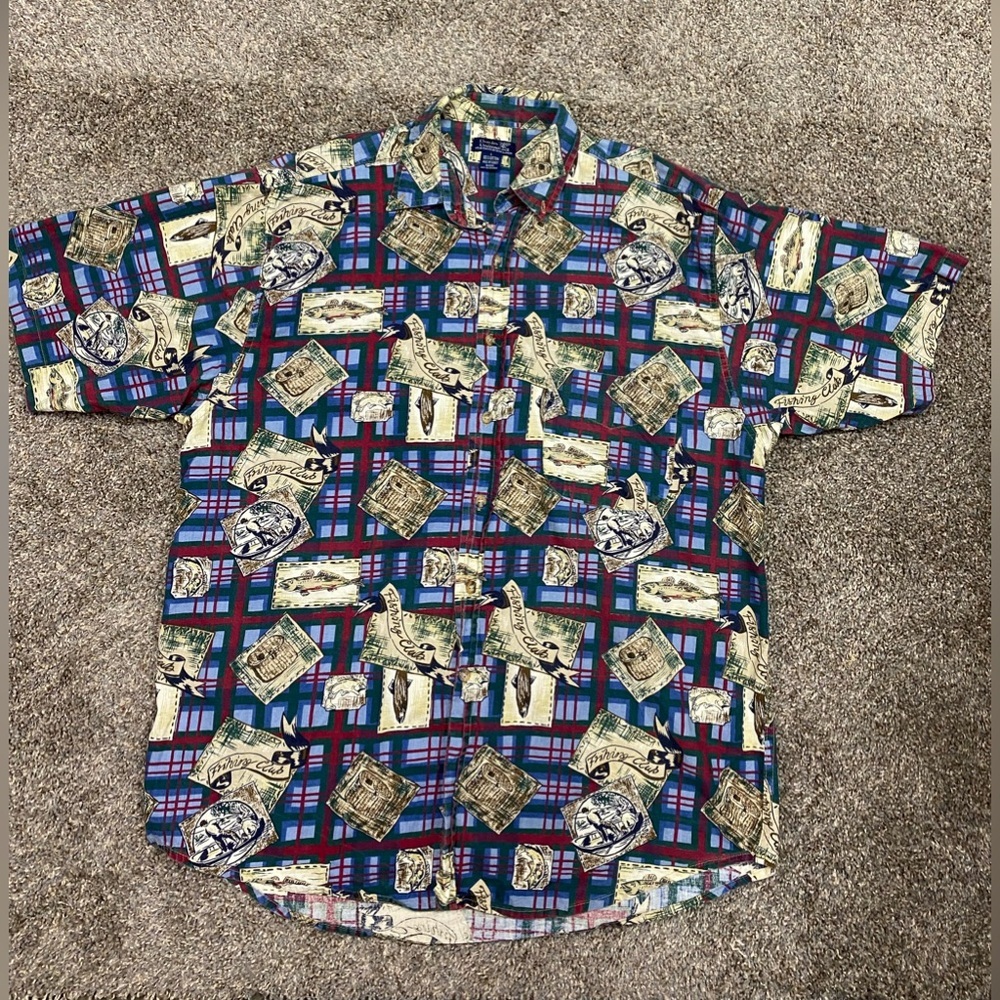 Vintage Ducks Unlimited mens large fisherman‎ print short sleeve button up shirt